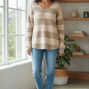 NEW•A.N.A. Classic Beige & Cream Cozy Striped V-Neck Sweater•L